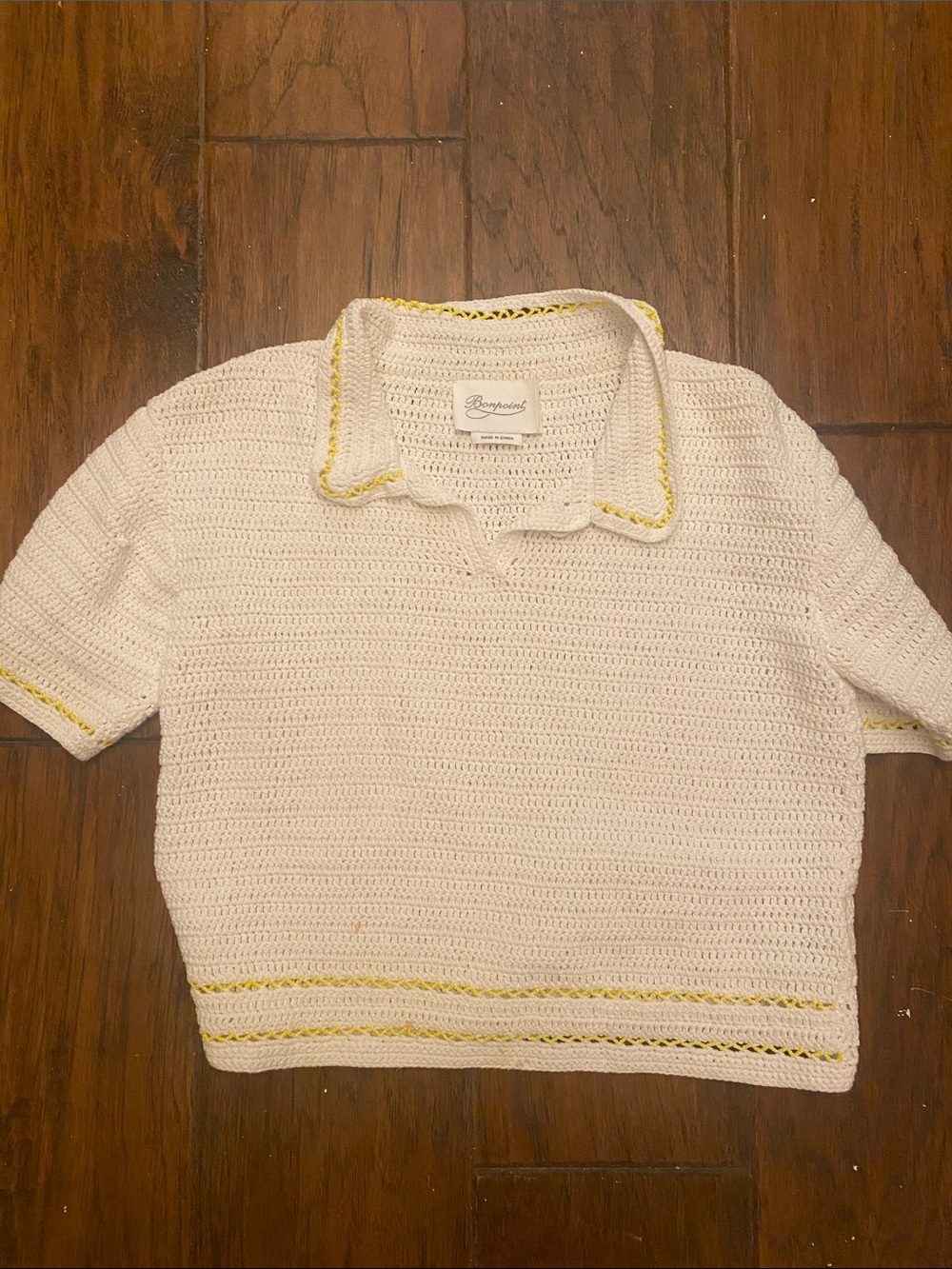Bonpoint Cream Crochet Polo Top with Yellow Trim